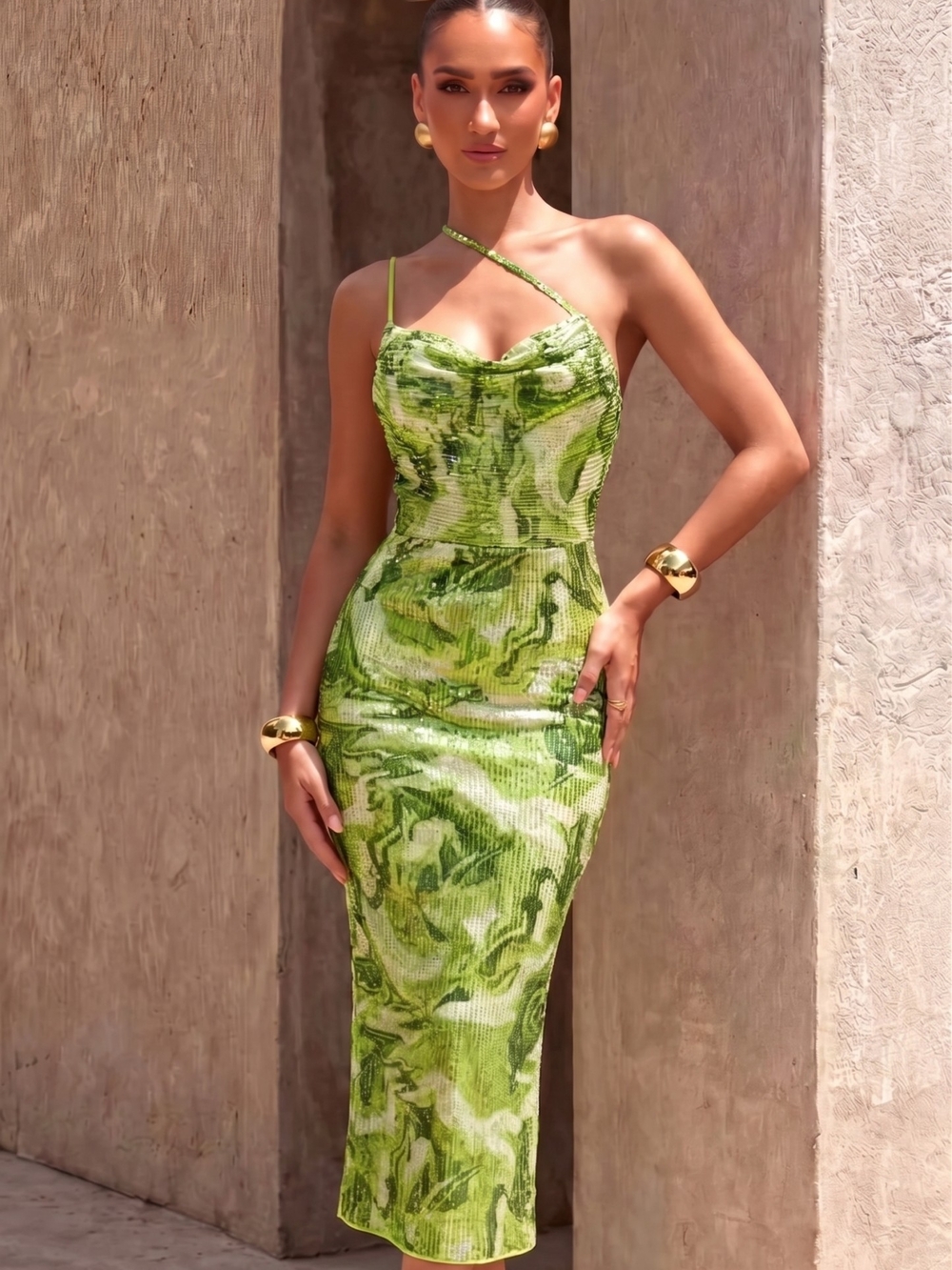 SHEIN Lime Green Marble-Print Sequin Cross-Strap Midi Dress
